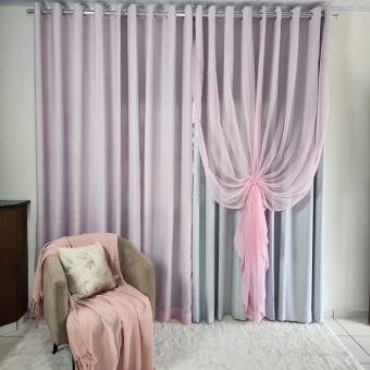 Cortina De Ilhós Blackout + Voil - Branco e Rosa