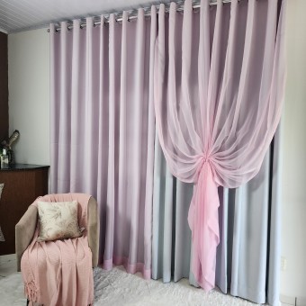 Cortina De Ilhós Blackout + Voil - Branco e Rosa